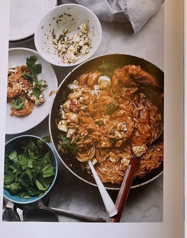 Orzo with prawns, tomato and marinated feta