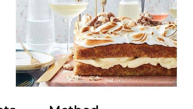 Hummingbird cake with caramelised meringue and sugared pecans