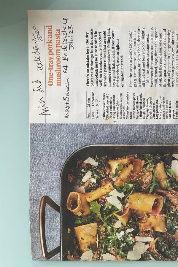 One-tray pork and mushroom pasta