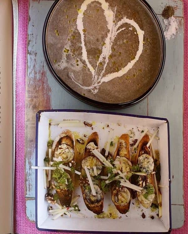 Mushroom Soup with Stilton, Apple & Walnut Croûtes